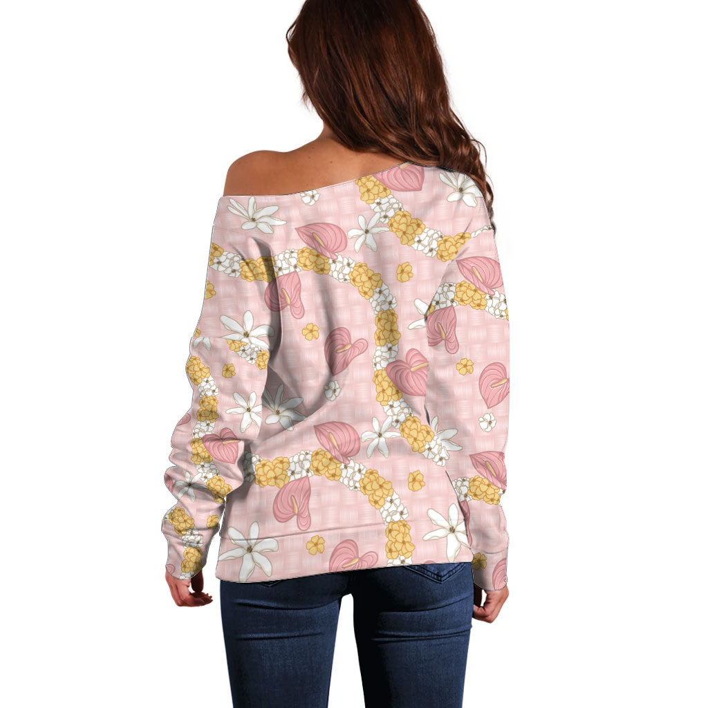 Hawaii Anthurium Tiare Pikake Lei Off Shoulder Sweater Akala Lauhala Art Pattern LT01 - Polynesian Pride