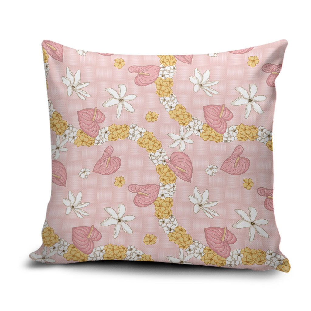 Hawaii Anthurium Tiare Pikake Lei Pillow Cover Akala Lauhala Art Pattern LT01 Pink - Polynesian Pride