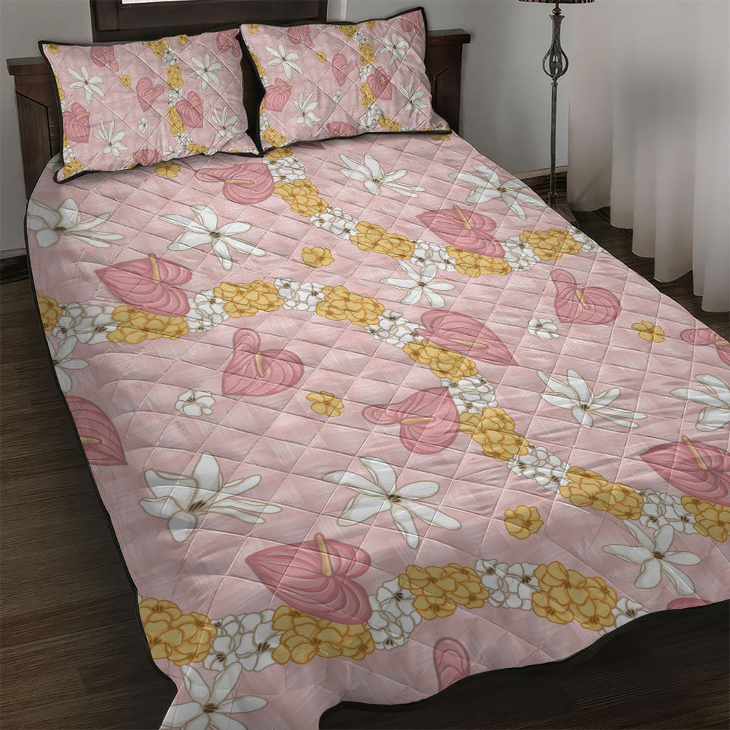 Hawaii Anthurium Tiare Pikake Lei Quilt Bed Set Akala Lauhala Art Pattern LT01 Pink - Polynesian Pride