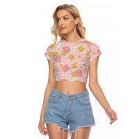 Hawaii Anthurium Tiare Pikake Lei Raglan Cropped T Shirt Akala Lauhala Art Pattern LT01 Female Pink - Polynesian Pride