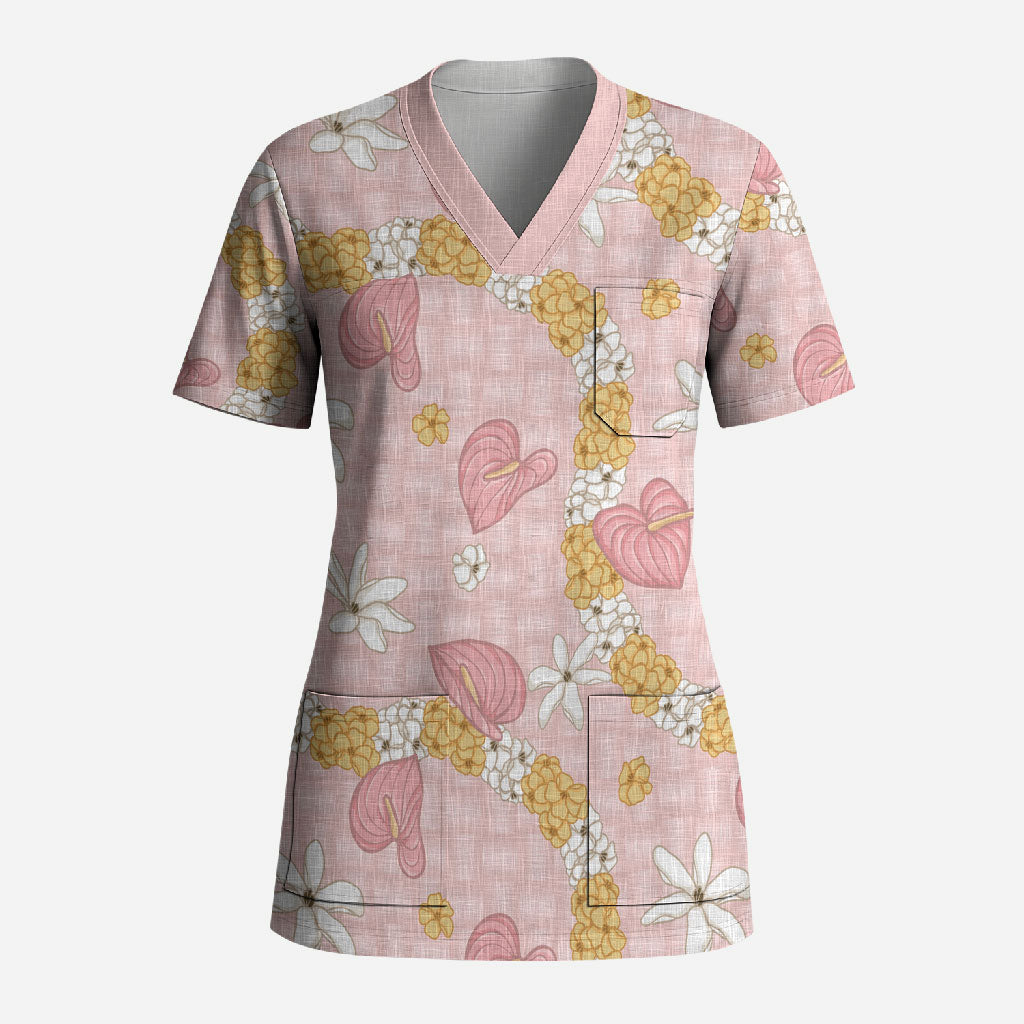 Hawaii Anthurium Tiare Pikake Lei Scrub Top Akala Lauhala Art Pattern LT01 Adult Pink - Polynesian Pride