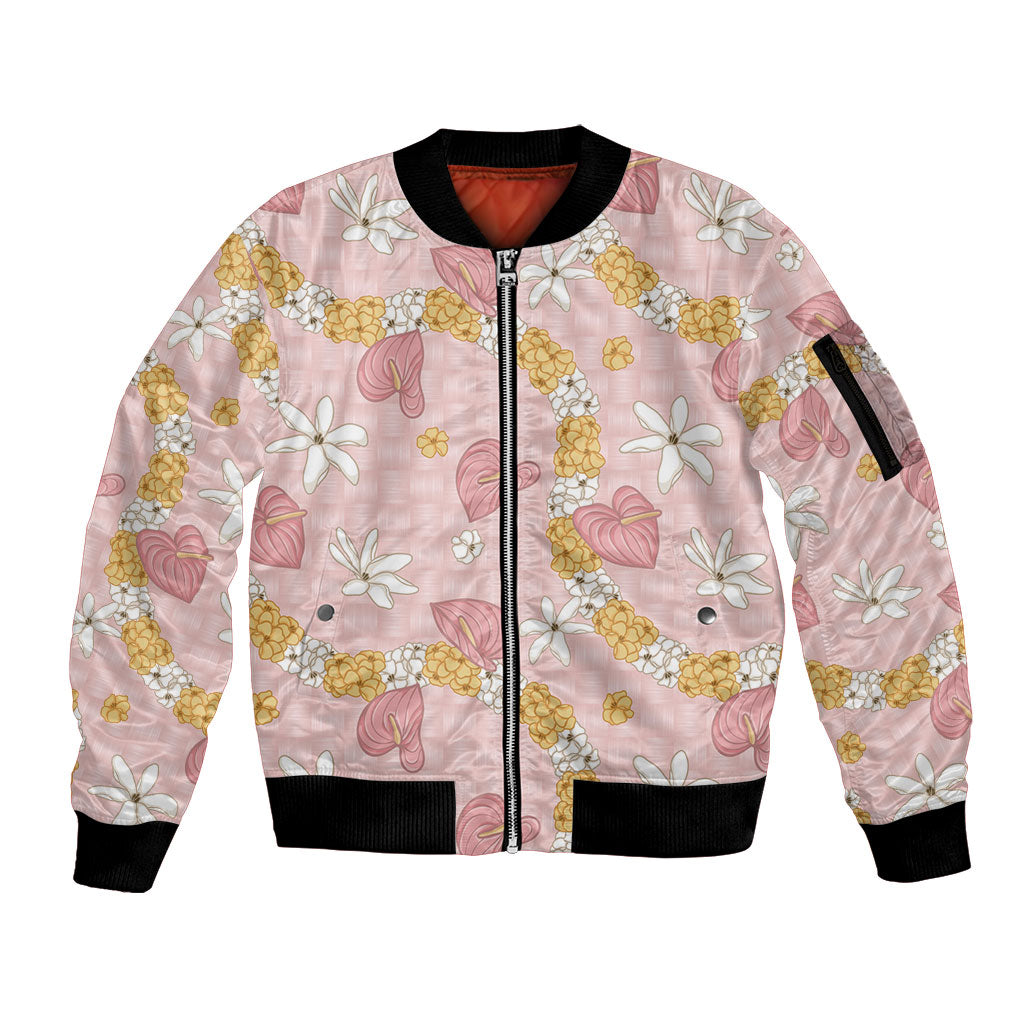 Hawaii Anthurium Tiare Pikake Lei Sleeve Zip Bomber Jacket Akala Lauhala Art Pattern LT01 Unisex Pink - Polynesian Pride
