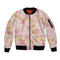 Hawaii Anthurium Tiare Pikake Lei Sleeve Zip Bomber Jacket Akala Lauhala Art Pattern LT01 Unisex Pink - Polynesian Pride