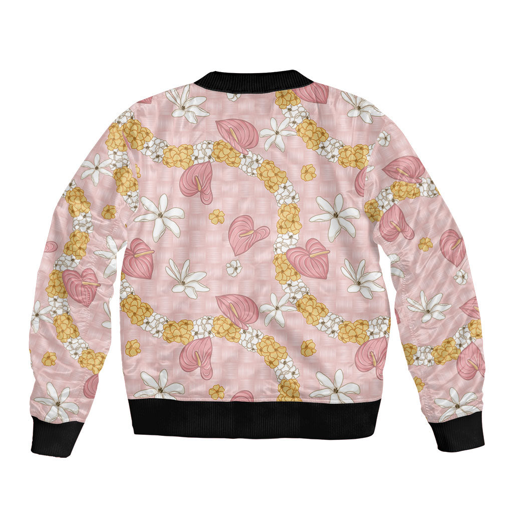 Hawaii Anthurium Tiare Pikake Lei Sleeve Zip Bomber Jacket Akala Lauhala Art Pattern LT01 - Polynesian Pride