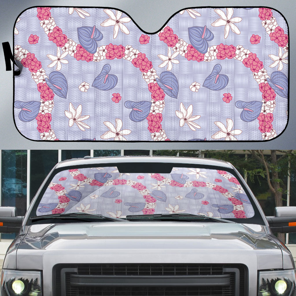 Hawaii Anthurium Tiare Pikake Lei Auto Sun Shade Poni Lauhala Art Pattern LT01 Purple - Polynesian Pride