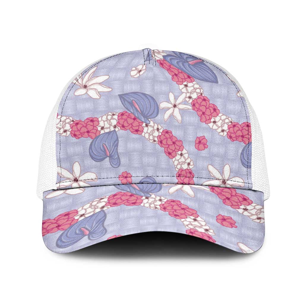 Hawaii Anthurium Tiare Pikake Lei Baseball Net Cap Poni Lauhala Art Pattern LT01 One Size White Purple - Polynesian Pride