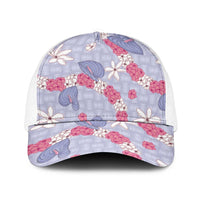 Hawaii Anthurium Tiare Pikake Lei Baseball Net Cap Poni Lauhala Art Pattern LT01 One Size White Purple - Polynesian Pride