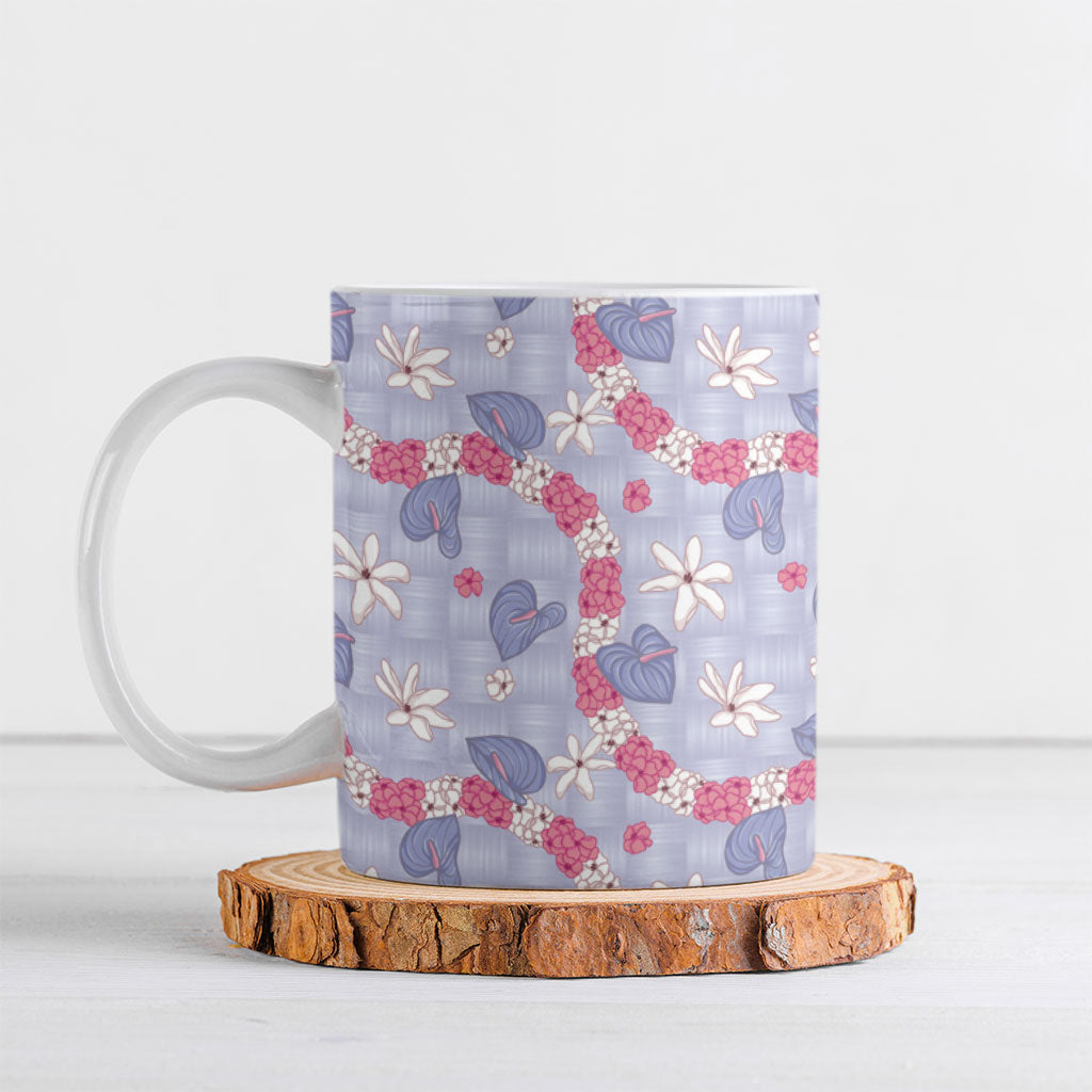 Hawaii Anthurium Tiare Pikake Lei Ceramic Mug Poni Lauhala Art Pattern LT01 Purple - Polynesian Pride