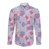 Hawaii Anthurium Tiare Pikake Lei Long Sleeve Button Shirt Poni Lauhala Art Pattern LT01 Unisex Purple - Polynesian Pride