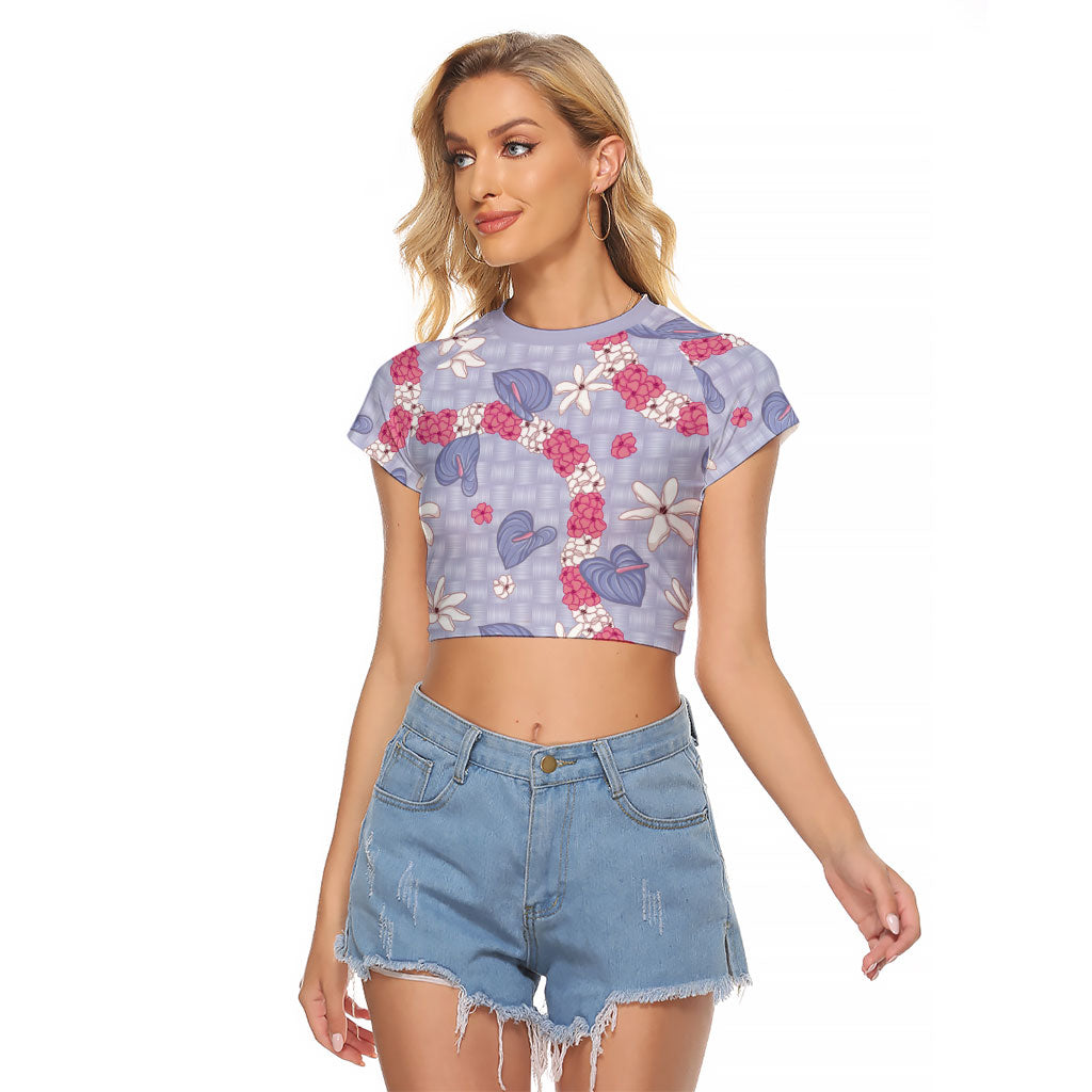 Hawaii Anthurium Tiare Pikake Lei Raglan Cropped T Shirt Poni Lauhala Art Pattern LT01 Female Purple - Polynesian Pride