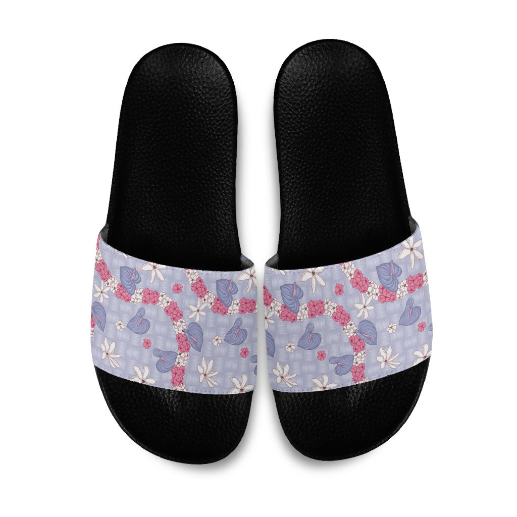 Hawaii Anthurium Tiare Pikake Lei Slide Sandals Poni Lauhala Art Pattern LT01 Purple - Polynesian Pride