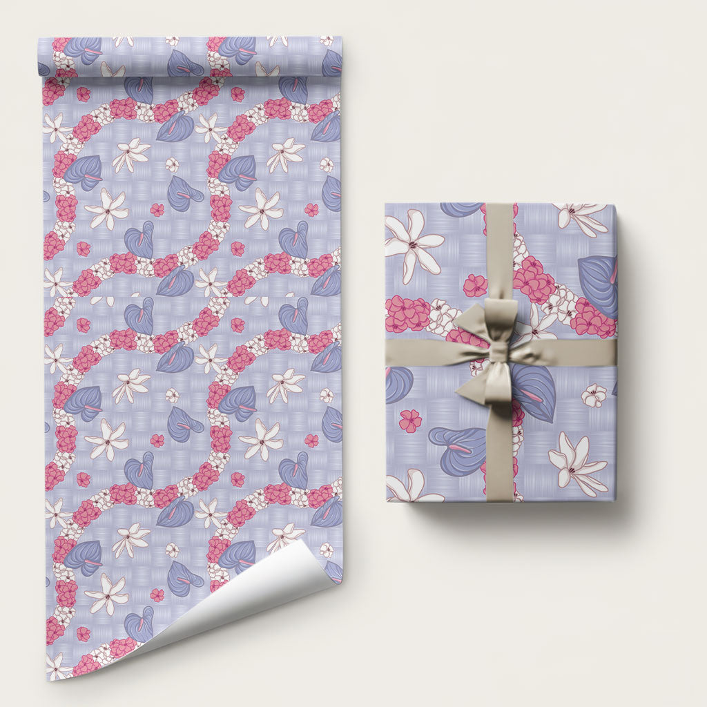 Hawaii Anthurium Tiare Pikake Lei Wrapping Paper Poni Lauhala Art Pattern LT01 58" × 23" Purple - Polynesian Pride