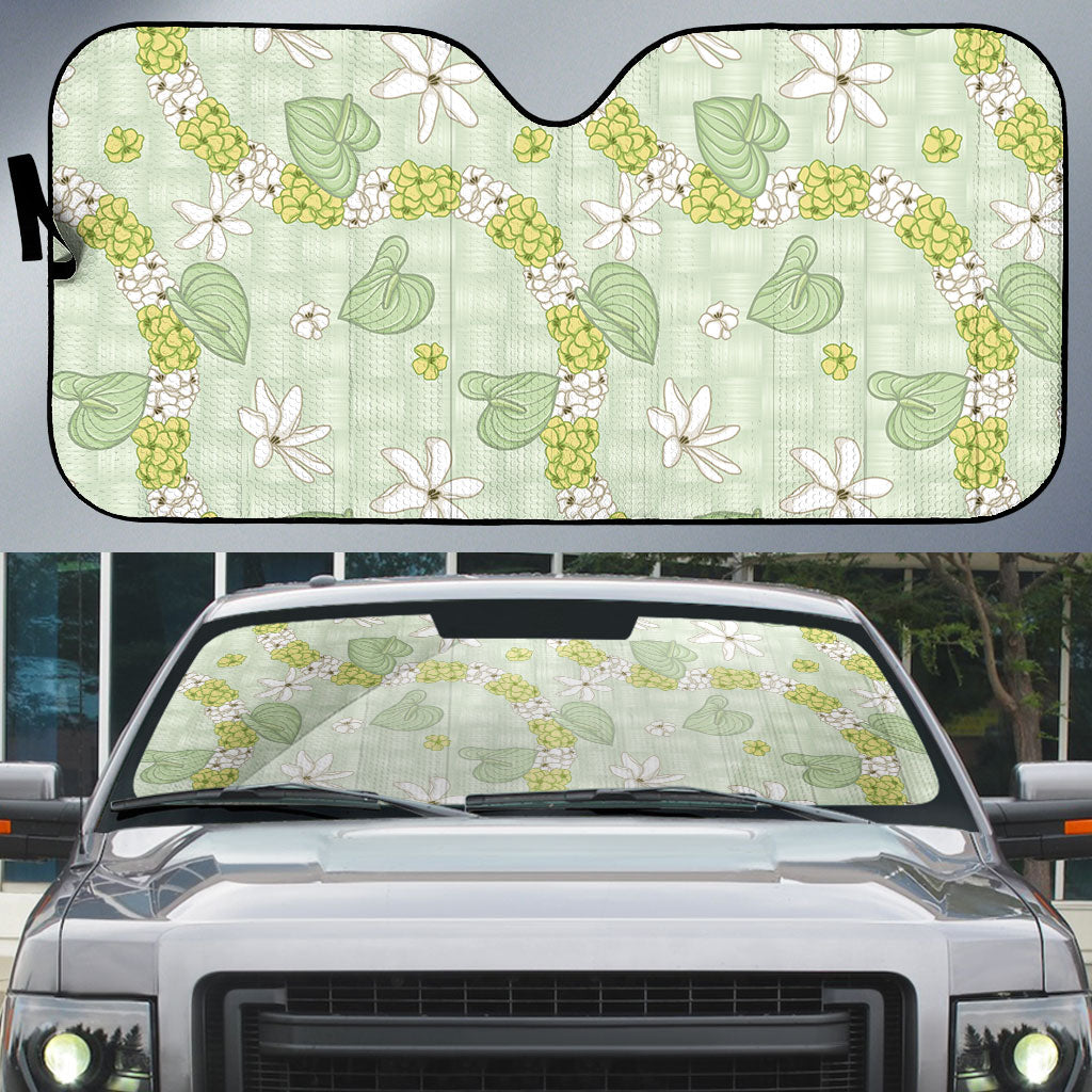 Hawaii Anthurium Tiare Pikake Lei Auto Sun Shade Sage Green Lauhala Art Pattern LT01 Green - Polynesian Pride