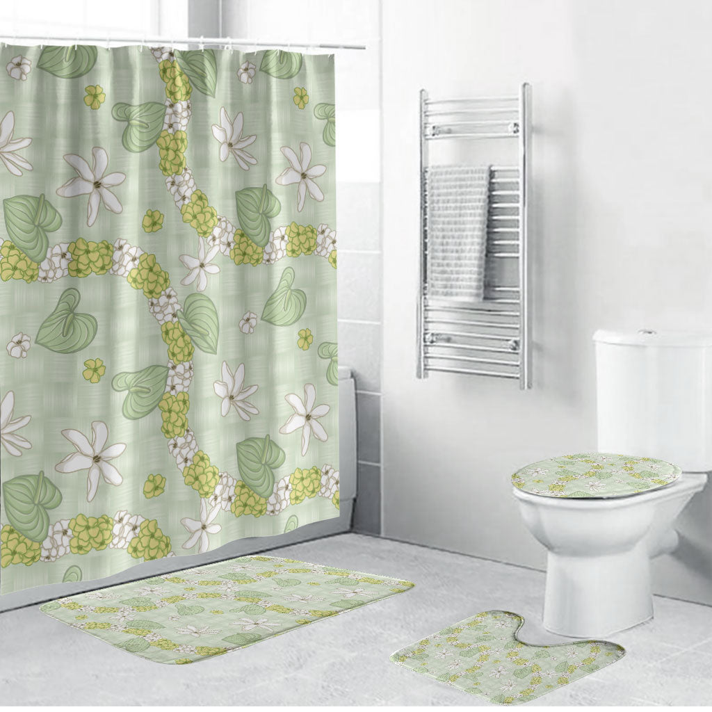 Hawaii Anthurium Tiare Pikake Lei Bathroom Set Sage Green Lauhala Art Pattern LT01 Bathroom Set (4 pcs) Green - Polynesian Pride