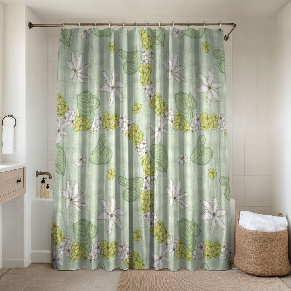 Hawaii Anthurium Tiare Pikake Lei Bathroom Set Sage Green Lauhala Art Pattern LT01 Shower Curtain Only Green - Polynesian Pride