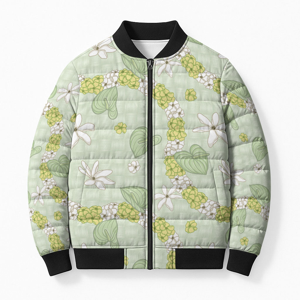Hawaii Anthurium Tiare Pikake Lei Bomber Puffer Jacket Sage Green Lauhala Art Pattern LT01 Unisex Green - Polynesian Pride