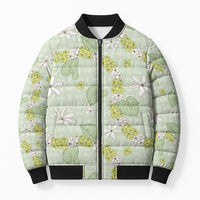 Hawaii Anthurium Tiare Pikake Lei Bomber Puffer Jacket Sage Green Lauhala Art Pattern LT01 Unisex Green - Polynesian Pride