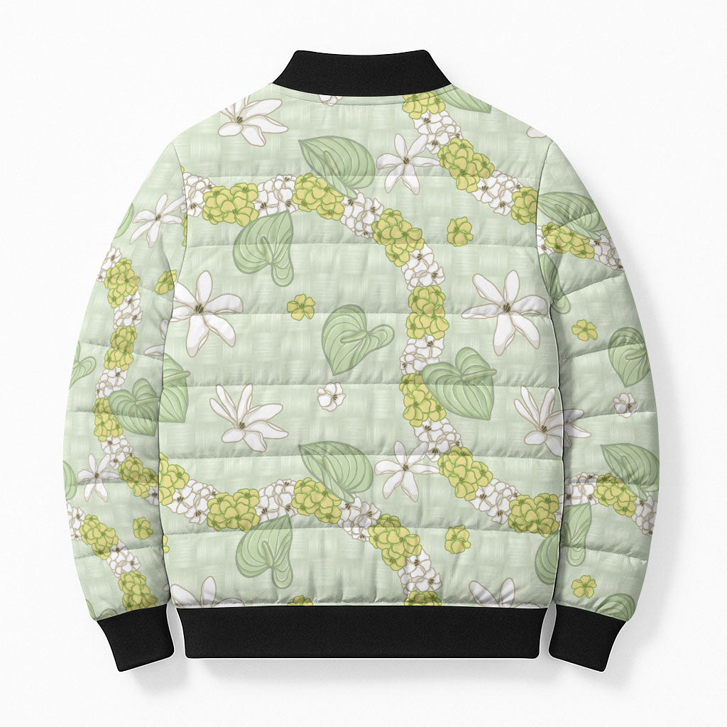 Hawaii Anthurium Tiare Pikake Lei Bomber Puffer Jacket Sage Green Lauhala Art Pattern LT01 - Polynesian Pride