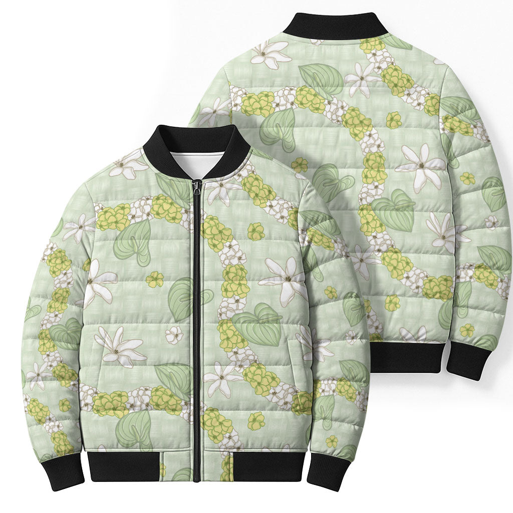 Hawaii Anthurium Tiare Pikake Lei Bomber Puffer Jacket Sage Green Lauhala Art Pattern LT01 - Polynesian Pride