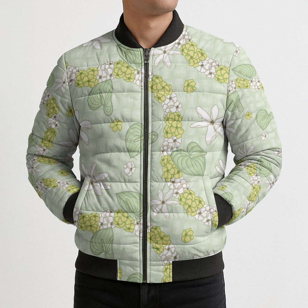 Hawaii Anthurium Tiare Pikake Lei Bomber Puffer Jacket Sage Green Lauhala Art Pattern LT01 - Polynesian Pride