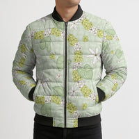 Hawaii Anthurium Tiare Pikake Lei Bomber Puffer Jacket Sage Green Lauhala Art Pattern LT01 - Polynesian Pride