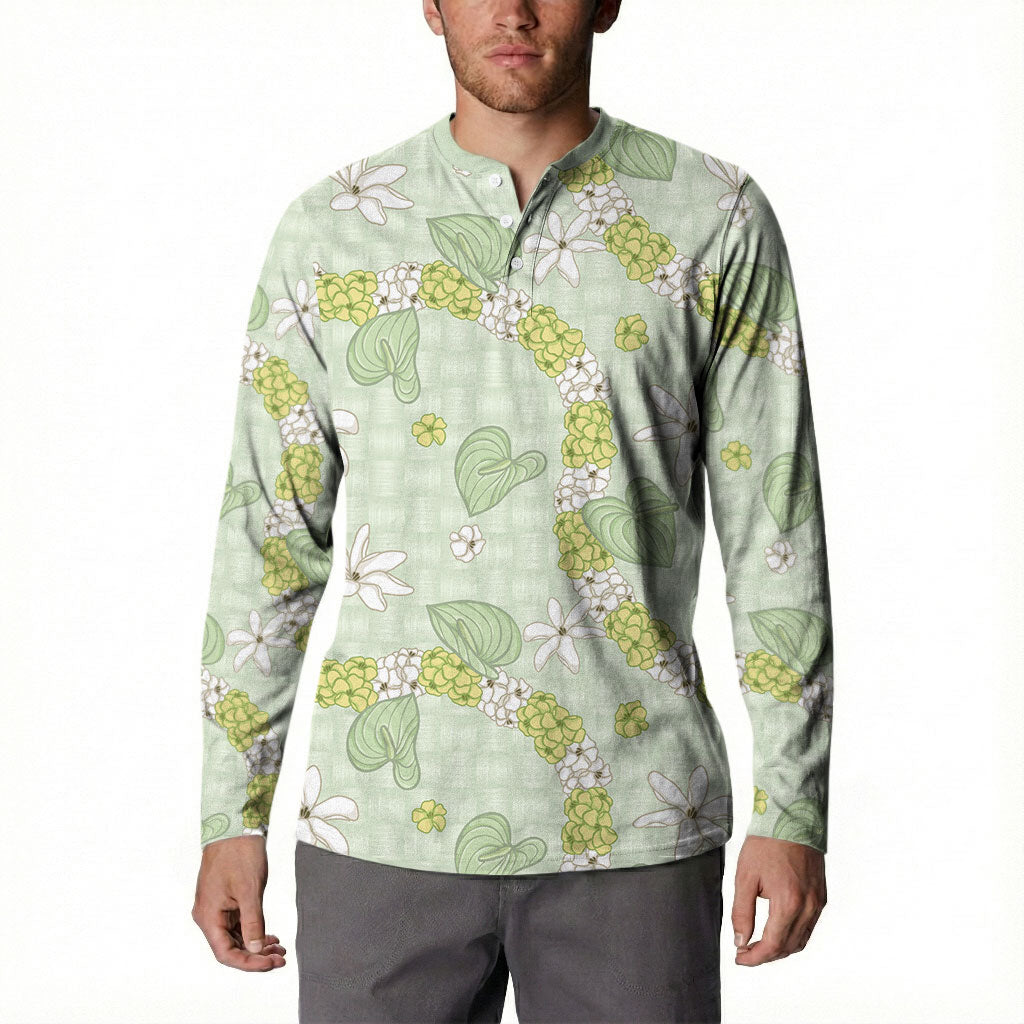 Hawaii Anthurium Tiare Pikake Lei Button Sweatshirt Sage Green Lauhala Art Pattern LT01 - Polynesian Pride