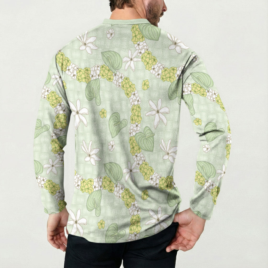 Hawaii Anthurium Tiare Pikake Lei Button Sweatshirt Sage Green Lauhala Art Pattern LT01 - Polynesian Pride