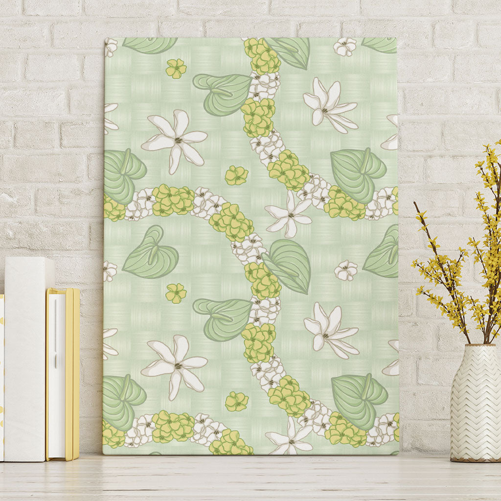 Hawaii Anthurium Tiare Pikake Lei Canvas Wall Art Sage Green Lauhala Art Pattern LT01 Without Frame Green - Polynesian Pride