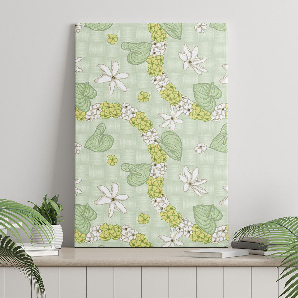 Hawaii Anthurium Tiare Pikake Lei Canvas Wall Art Sage Green Lauhala Art Pattern LT01 - Polynesian Pride