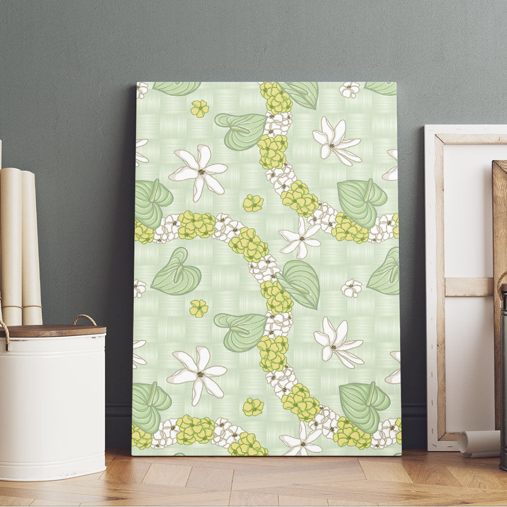 Hawaii Anthurium Tiare Pikake Lei Canvas Wall Art Sage Green Lauhala Art Pattern LT01 - Polynesian Pride