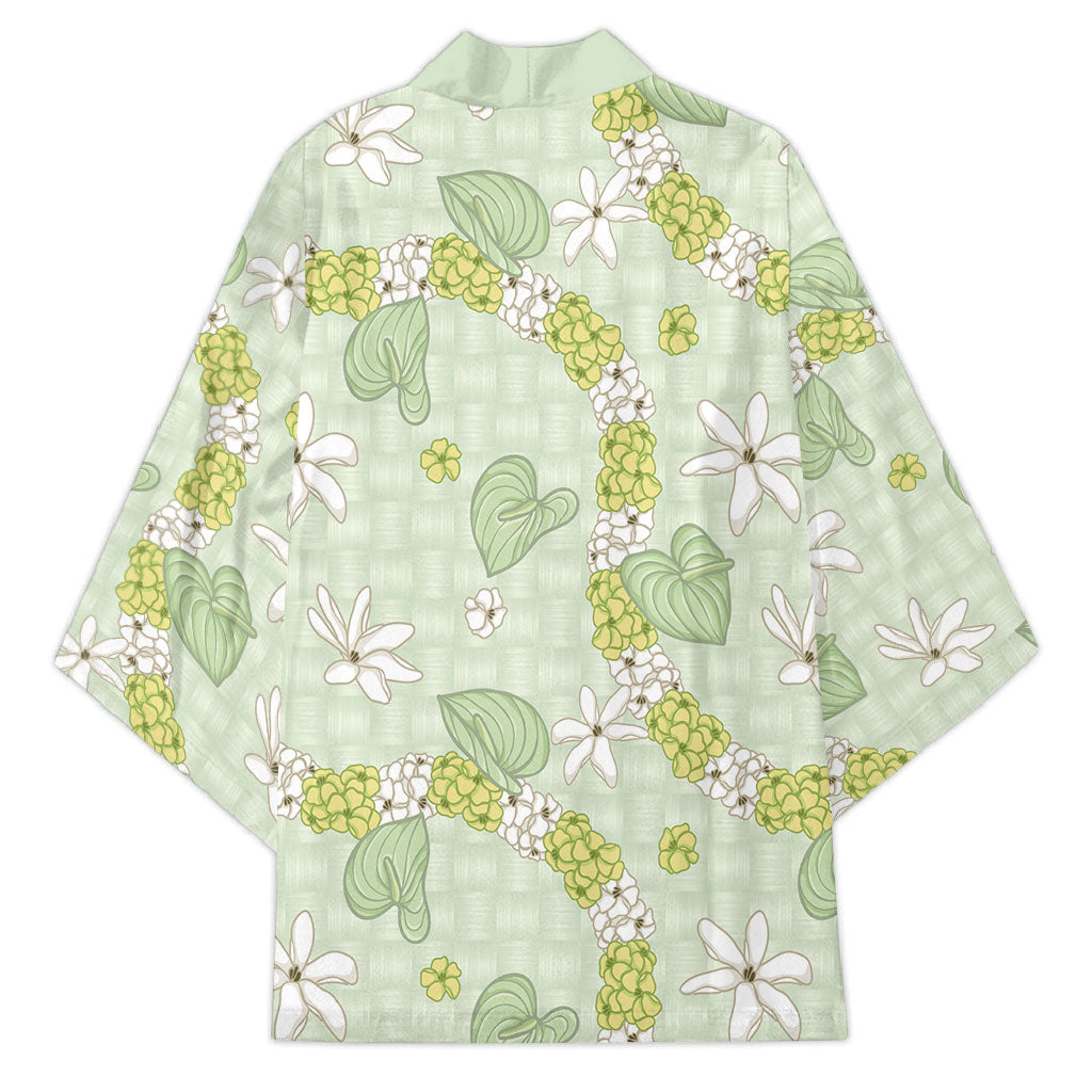 Hawaii Anthurium Tiare Pikake Lei Kimono Sage Green Lauhala Art Pattern LT01 - Polynesian Pride
