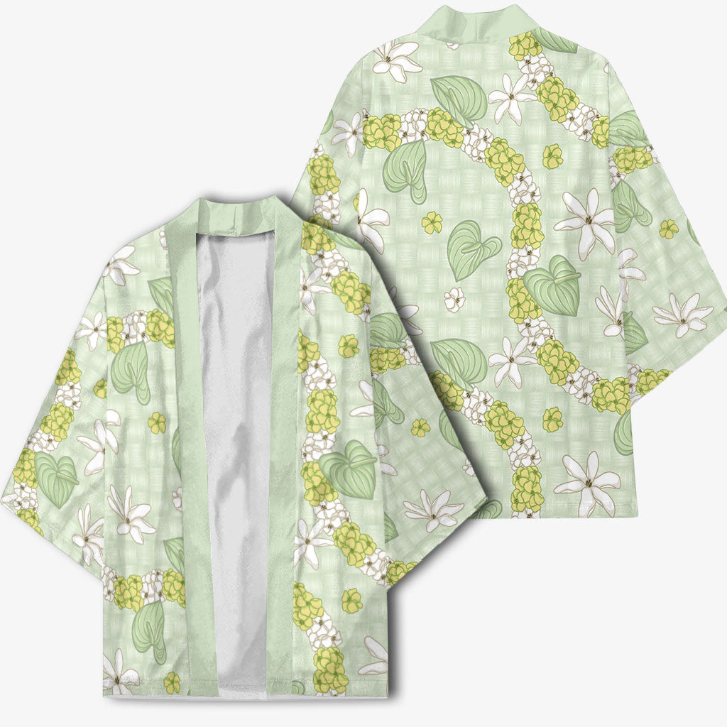 Hawaii Anthurium Tiare Pikake Lei Kimono Sage Green Lauhala Art Pattern LT01 - Polynesian Pride