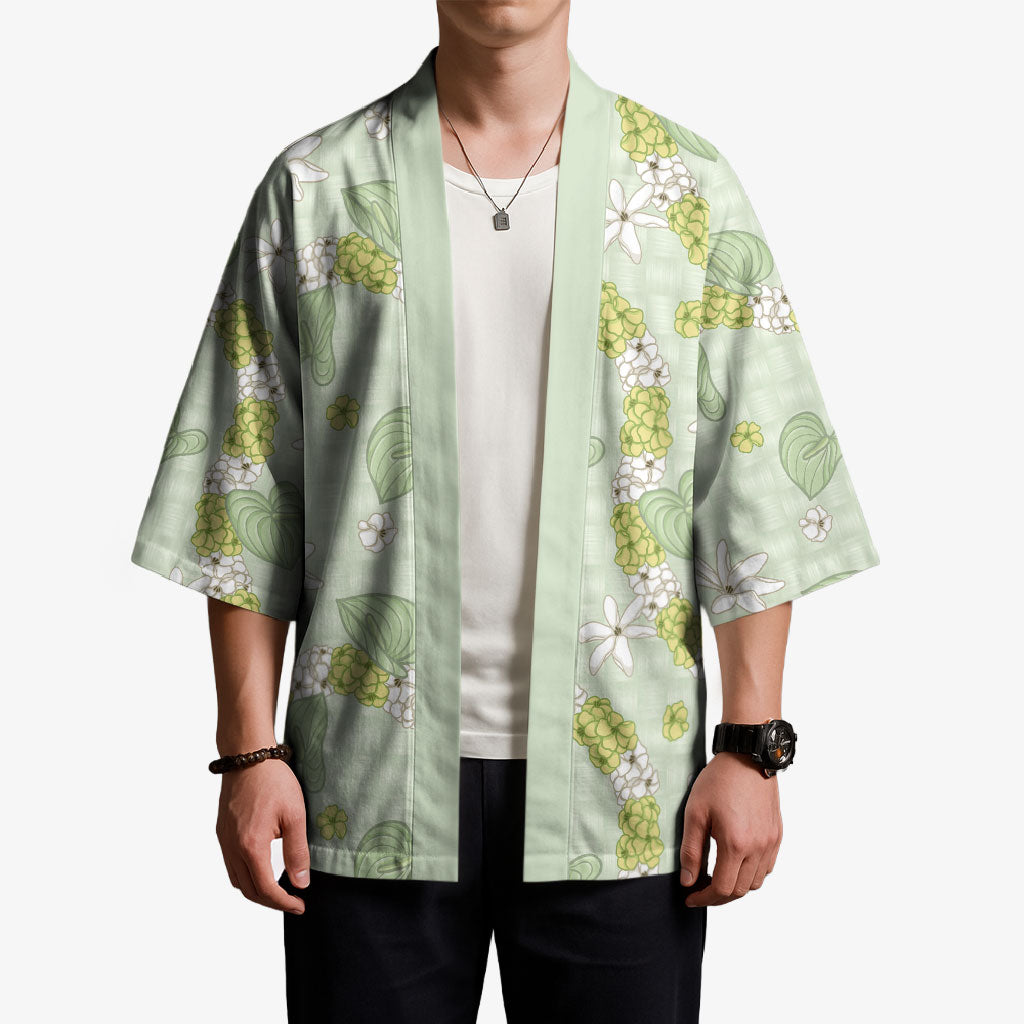 Hawaii Anthurium Tiare Pikake Lei Kimono Sage Green Lauhala Art Pattern LT01 - Polynesian Pride
