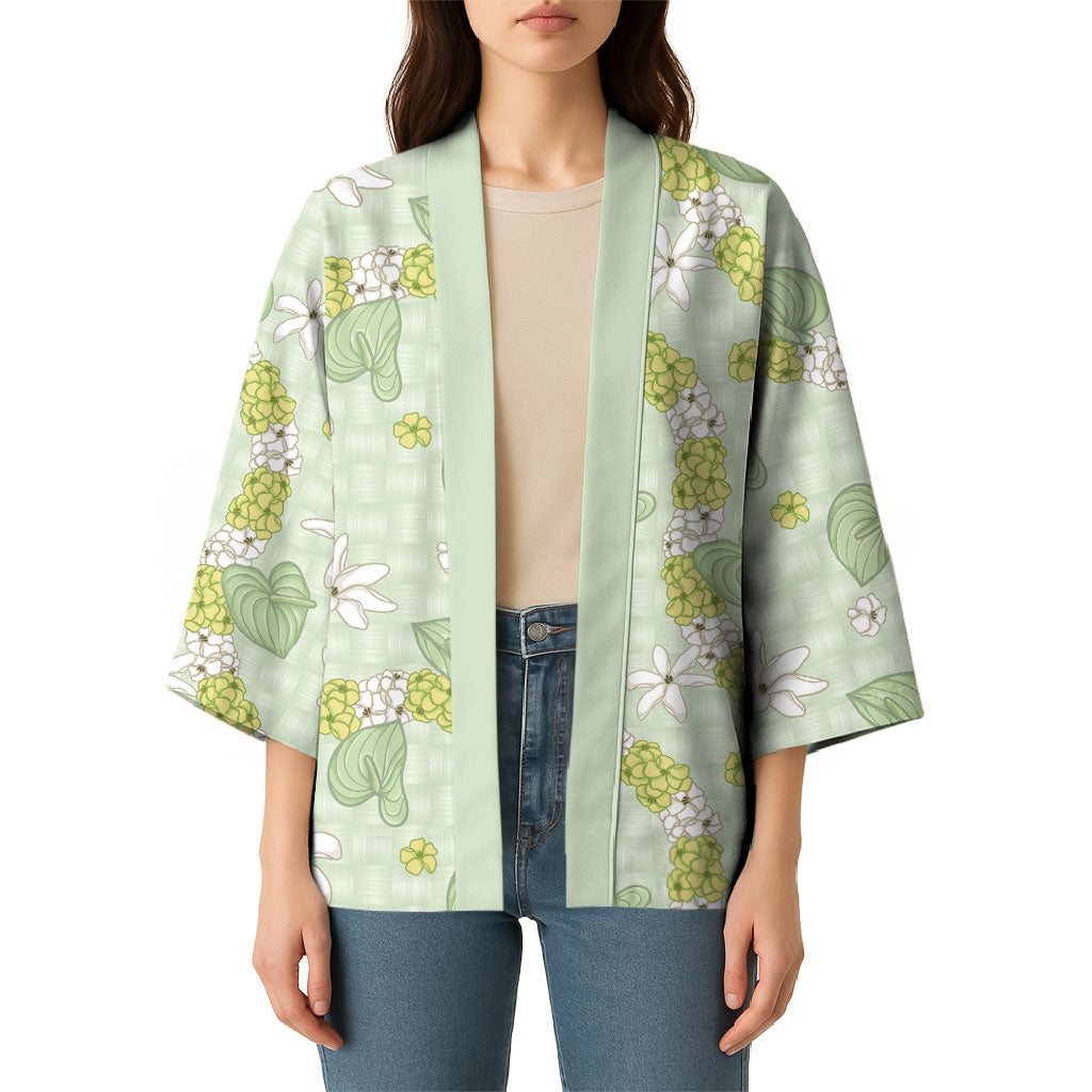 Hawaii Anthurium Tiare Pikake Lei Kimono Sage Green Lauhala Art Pattern LT01 - Polynesian Pride