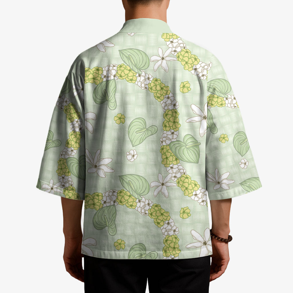 Hawaii Anthurium Tiare Pikake Lei Kimono Sage Green Lauhala Art Pattern LT01 - Polynesian Pride