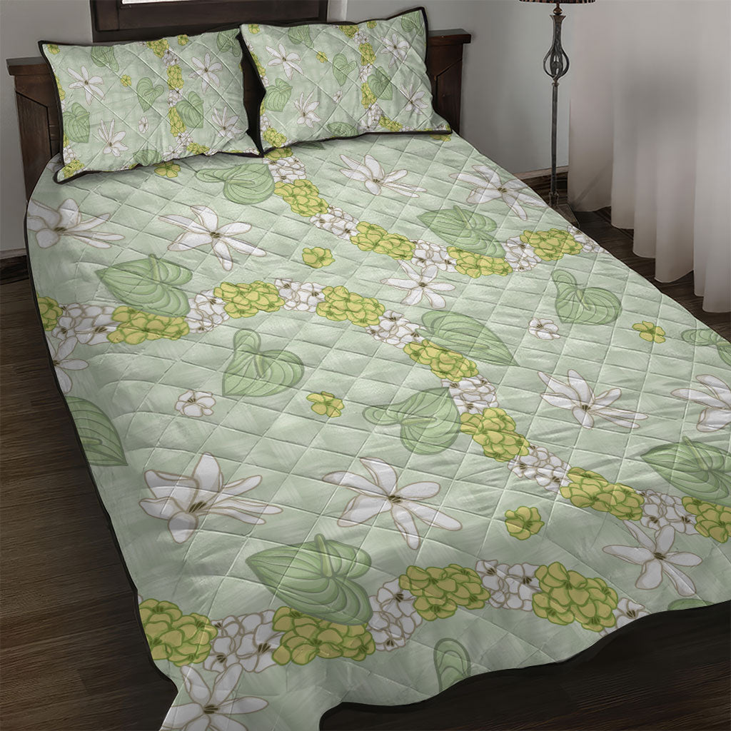 Hawaii Anthurium Tiare Pikake Lei Quilt Bed Set Sage Green Lauhala Art Pattern LT01 Green - Polynesian Pride