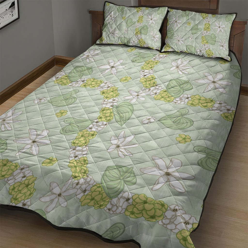 Hawaii Anthurium Tiare Pikake Lei Quilt Bed Set Sage Green Lauhala Art Pattern LT01 - Polynesian Pride