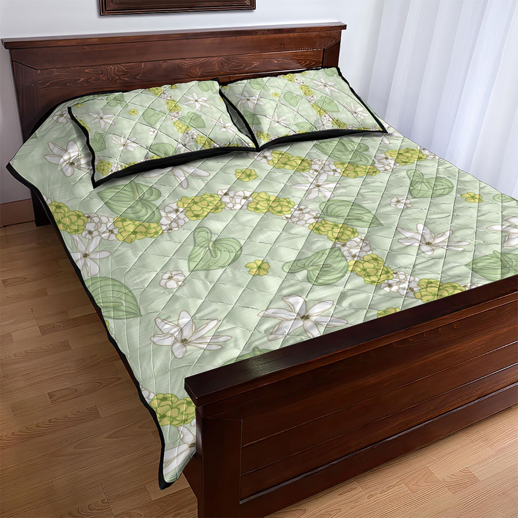 Hawaii Anthurium Tiare Pikake Lei Quilt Bed Set Sage Green Lauhala Art Pattern LT01 - Polynesian Pride
