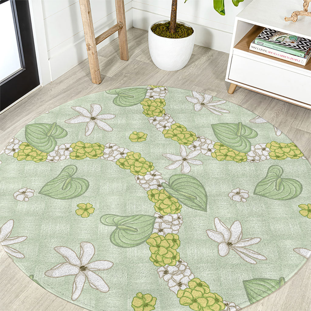 Hawaii Anthurium Tiare Pikake Lei Round Carpet Sage Green Lauhala Art Pattern LT01 Green - Polynesian Pride