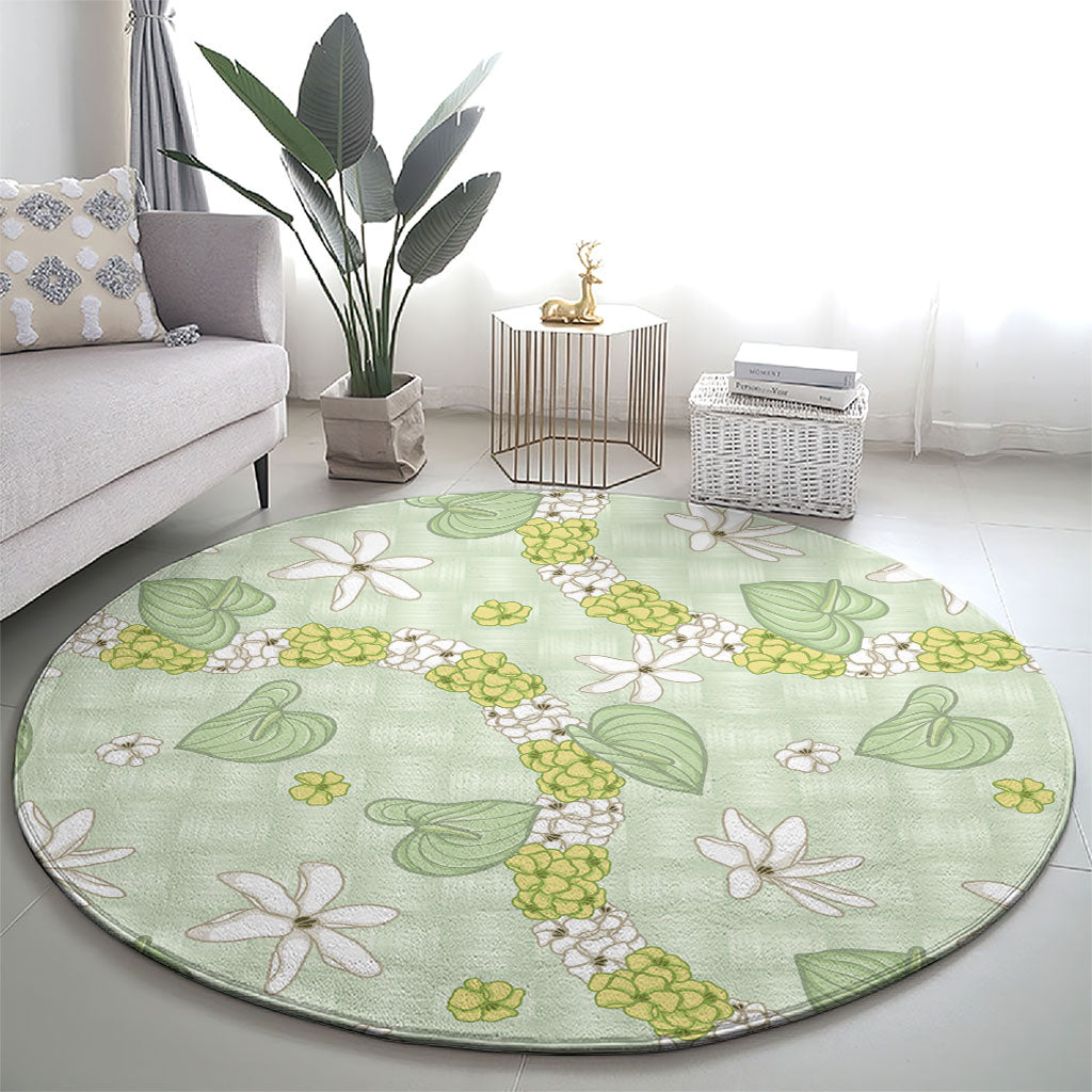 Hawaii Anthurium Tiare Pikake Lei Round Carpet Sage Green Lauhala Art Pattern LT01 - Polynesian Pride