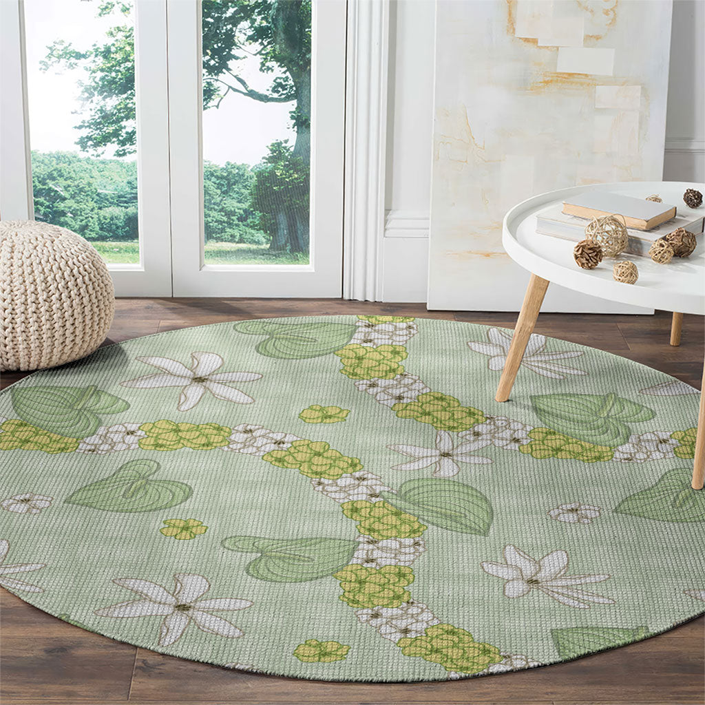 Hawaii Anthurium Tiare Pikake Lei Round Carpet Sage Green Lauhala Art Pattern LT01 - Polynesian Pride