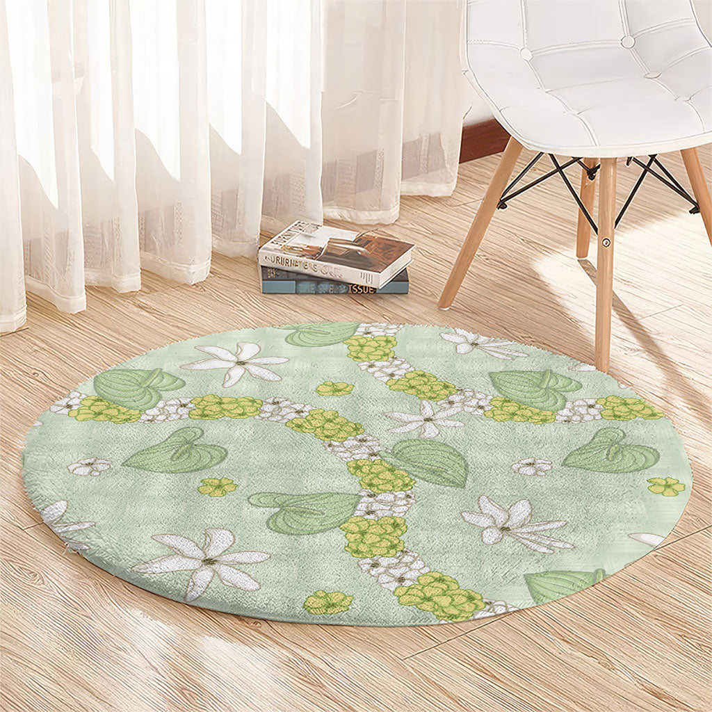 Hawaii Anthurium Tiare Pikake Lei Round Carpet Sage Green Lauhala Art Pattern LT01 - Polynesian Pride