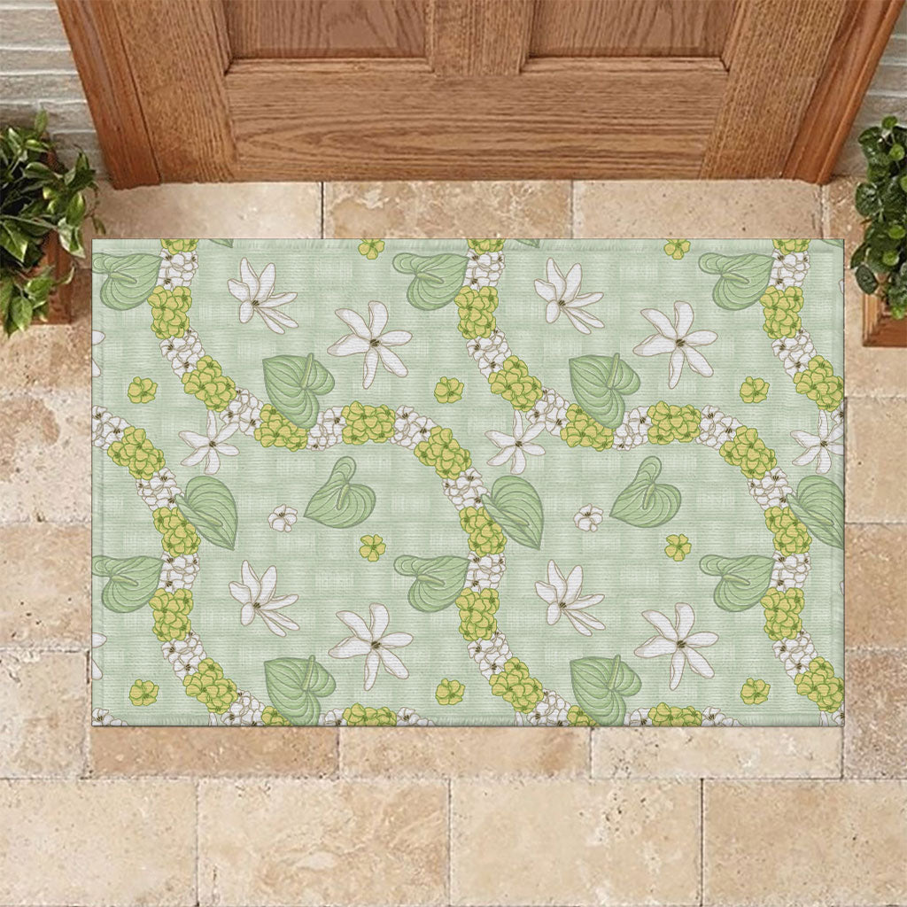 Hawaii Anthurium Tiare Pikake Lei Rubber Doormat Sage Green Lauhala Art Pattern LT01 Green - Polynesian Pride