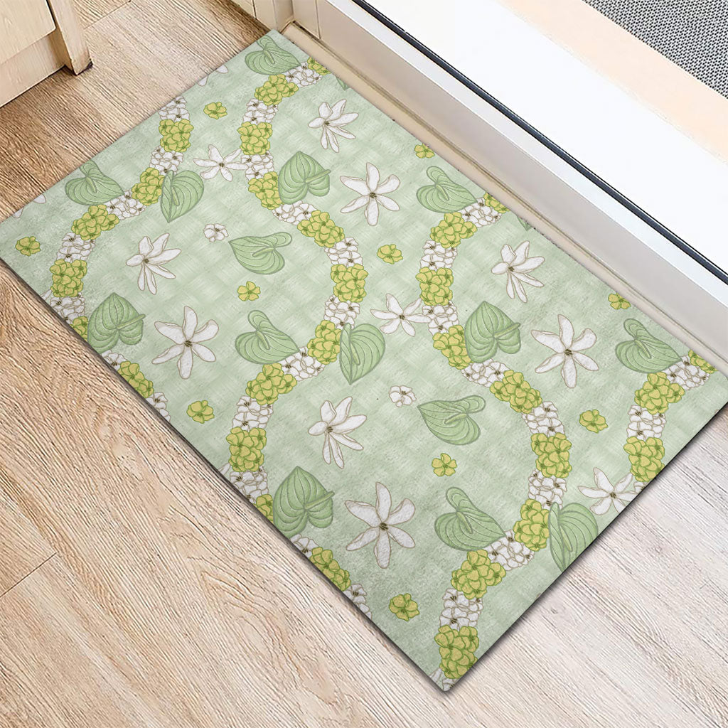 Hawaii Anthurium Tiare Pikake Lei Rubber Doormat Sage Green Lauhala Art Pattern LT01 - Polynesian Pride