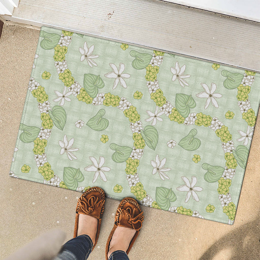 Hawaii Anthurium Tiare Pikake Lei Rubber Doormat Sage Green Lauhala Art Pattern LT01 - Polynesian Pride