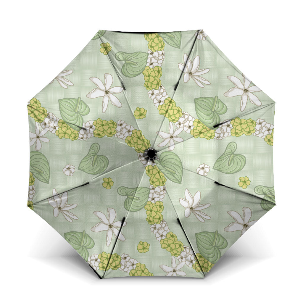 Hawaii Anthurium Tiare Pikake Lei Umbrella Sage Green Lauhala Art Pattern LT01 One Size Folded 11.42 inch Opened Diameter 37.4 inch Green - Polynesian Pride