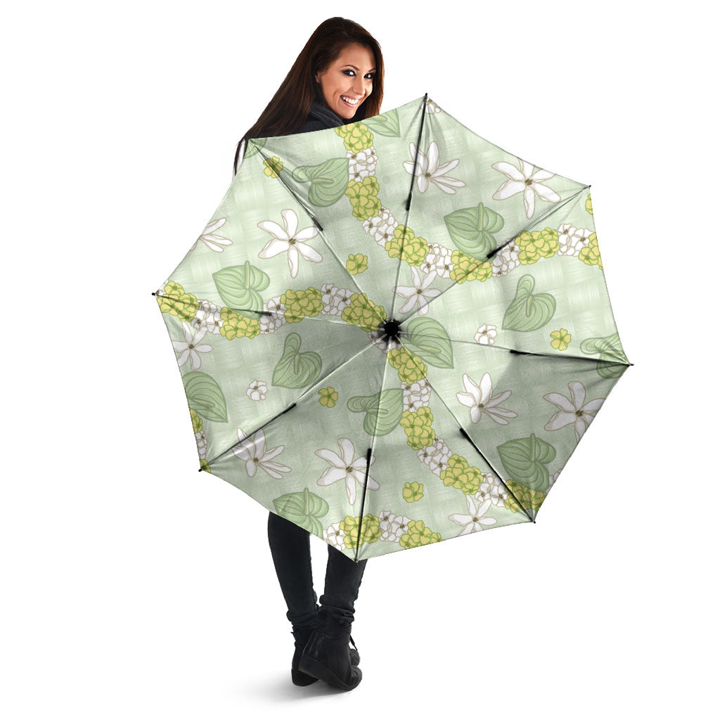 Hawaii Anthurium Tiare Pikake Lei Umbrella Sage Green Lauhala Art Pattern LT01 - Polynesian Pride