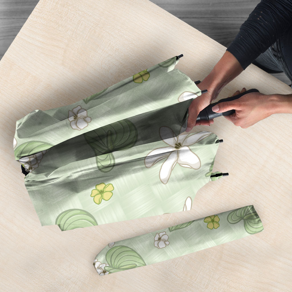 Hawaii Anthurium Tiare Pikake Lei Umbrella Sage Green Lauhala Art Pattern LT01 - Polynesian Pride
