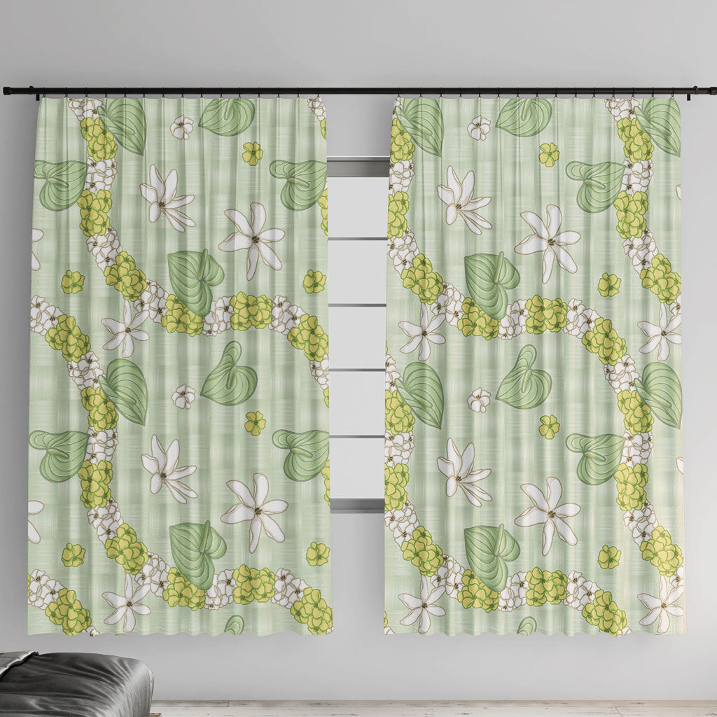 Hawaii Anthurium Tiare Pikake Lei Window Curtain Sage Green Lauhala Art Pattern LT01 With Hooks Green - Polynesian Pride