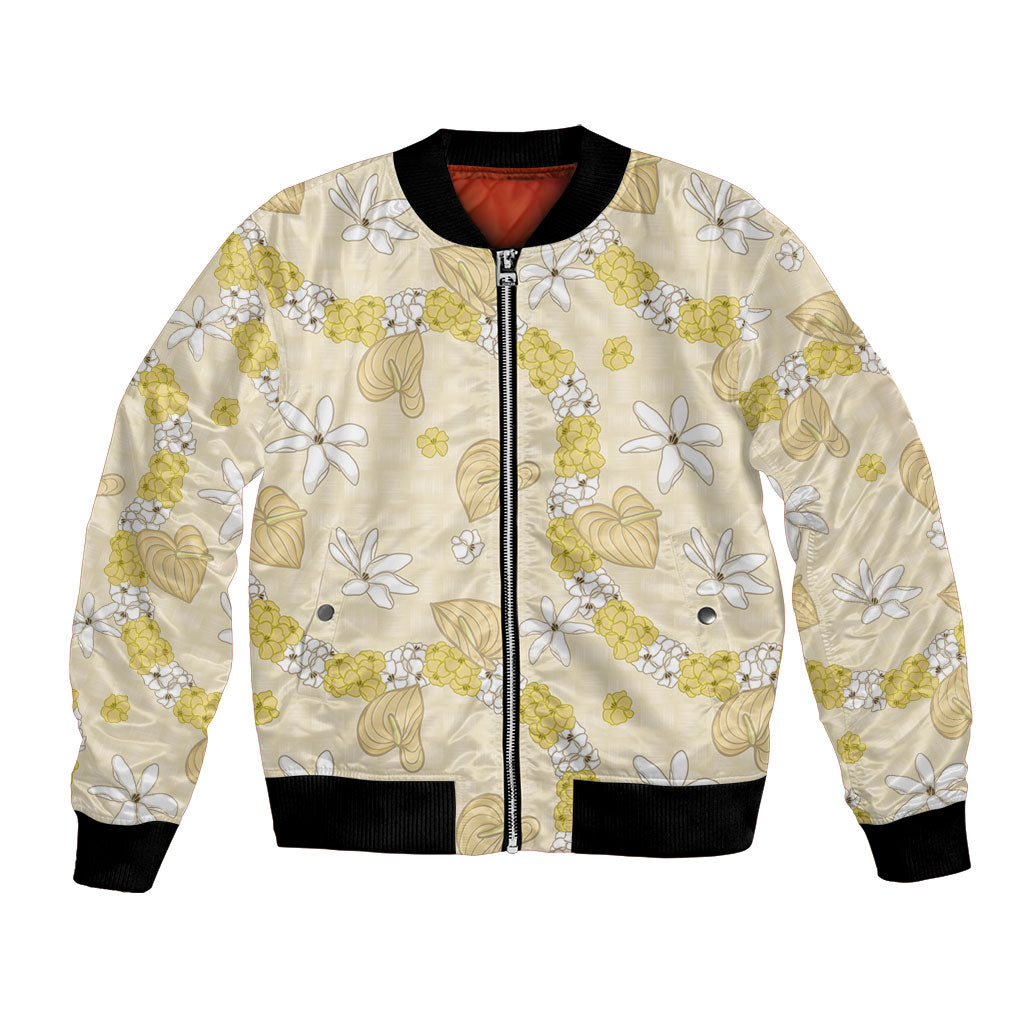Hawaii Anthurium Tiare Pikake Lei Bomber Jacket Melemele Lauhala Art Pattern LT01 Unisex Yellow - Polynesian Pride